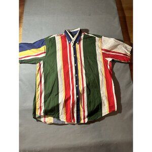 Vintage 90 Nautica Button Down Color Block Striped Short Sleeve LARGE VTG